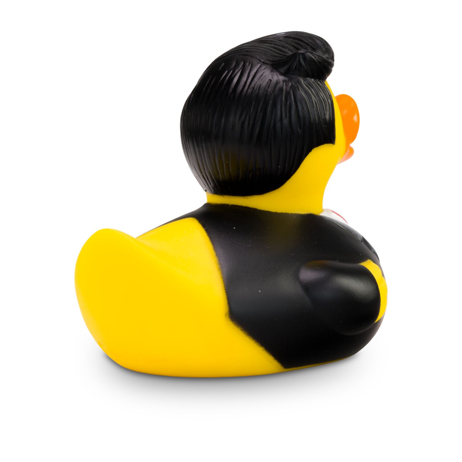 gelbe Werbeente Bernd Bräutigam mit weißem Hemd, schwarzem Anzug mit Fliege undRose, Größe: ca. 8 cm. Inklusive Quietschventil