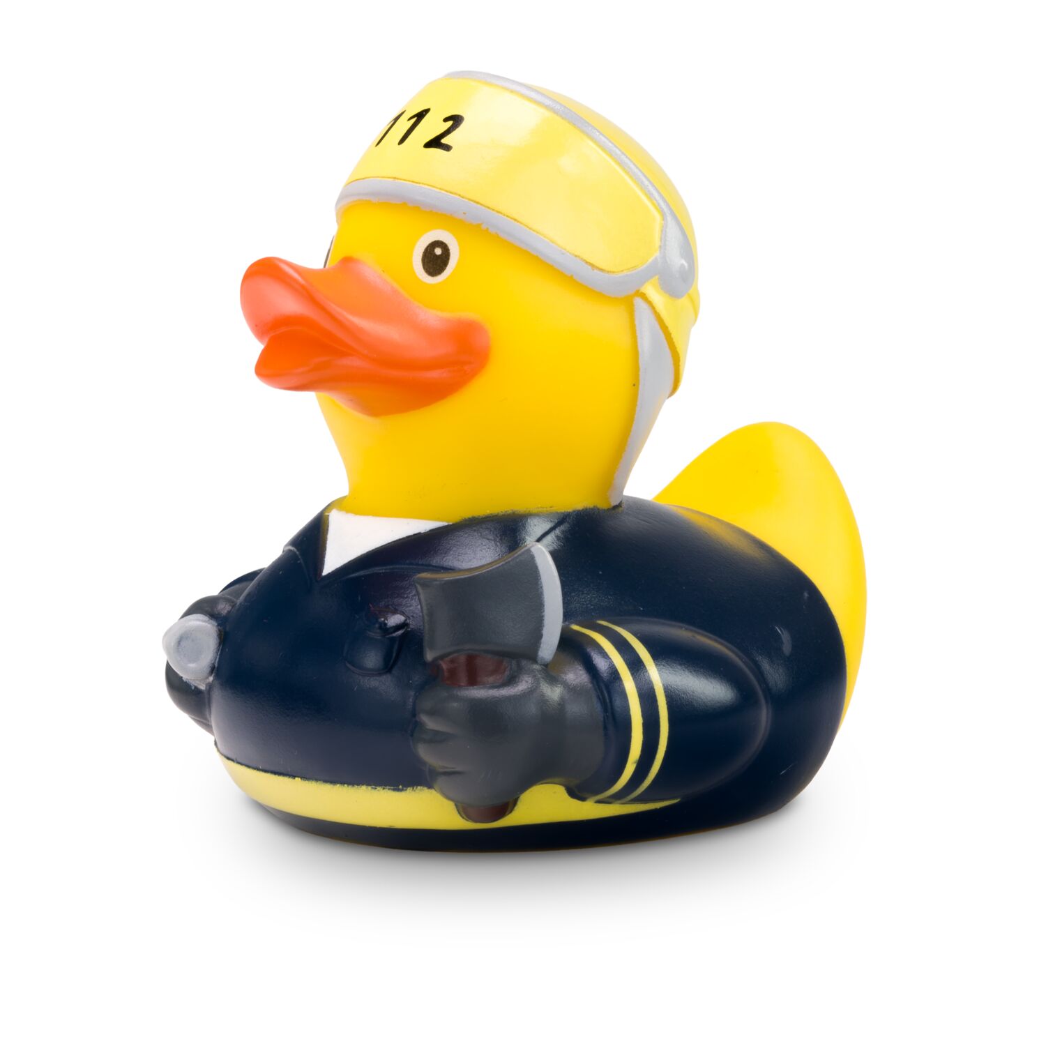 gelbe Werbeente Lars Löschmeister mit Uniform, Helm mit 112 Aufdruck auf dem Visier, Axt und Wasserspritze, Größe: ca. 8 cm. Inklusive Quietschventil