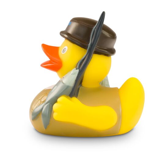 gelbe Werbeente Petri HeilmitAnglerhut, Outdoor-Hemd, Angel mit Fisch und Käscher, Größe: ca. 8 cm. Inklusive Quietschventil