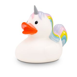 weiße Werbeente Emmi Einhorn mit regenbogenfarbenen Haaren undHorn auf der Stirn, Größe: ca. 8 cm. Inklusive Quietschventil