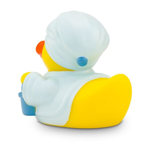 gelbe Ente mit Krone, grünem Weinkelch und Gewand. Ca. 8 cm. Quietschventil.