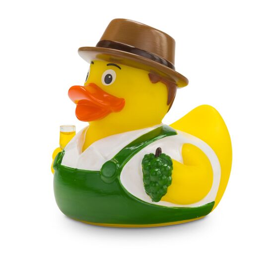 gelbe Ente mit Hut, Hemd, Winzerkittel, Trauben und Weinglas. Ca. 8 cm. Quietschventil.