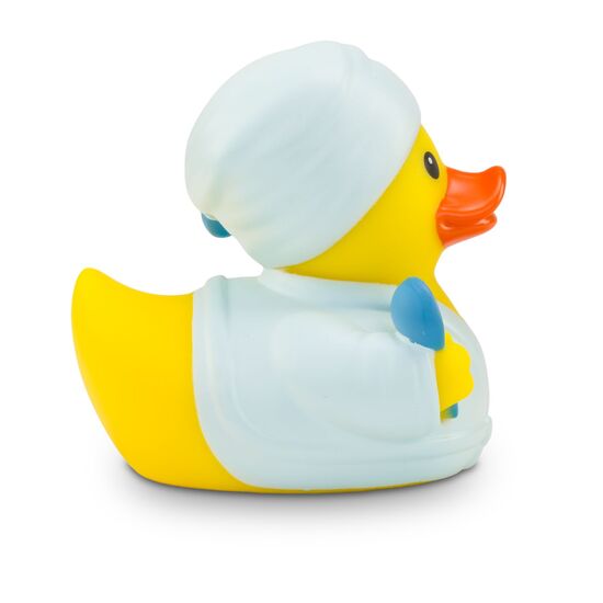 gelbe Ente mit Hut, Hemd, Winzerkittel, Trauben und Weinglas. Ca. 8 cm. Quietschventil.