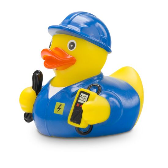 gelbe Ente mit Helm, Kabel, Spannungsmesser und blauer Arbeitskleidung. Ca. 8 cm. Quietschventil.