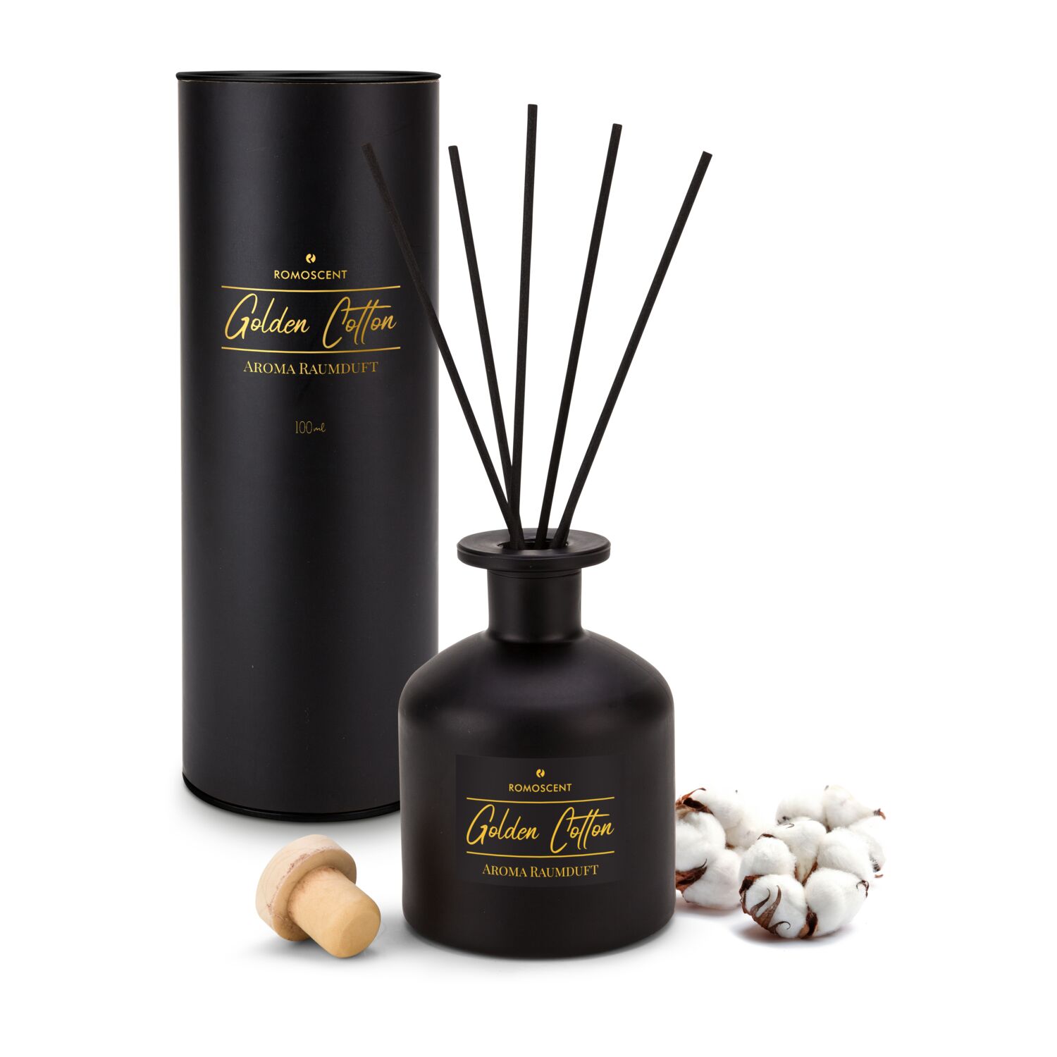 Raumduft 100 ml Diffusor mit 5 Rattanstäbchen in edlem, schwarzen Glas. Duftrichtung: Golden Cotton