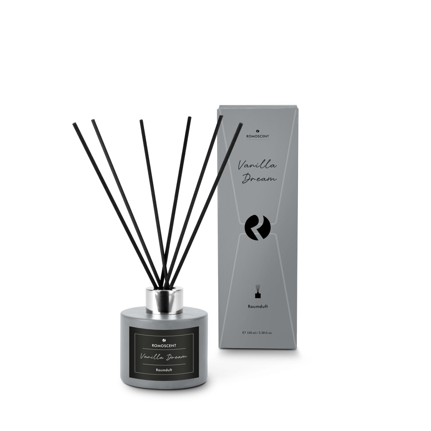 Moderner Raumduft (100 ml) in Betonoptik-Glas mit traumhaftem Vanilleduft und zwei Etiketten für ein helles oder dunkles Design
