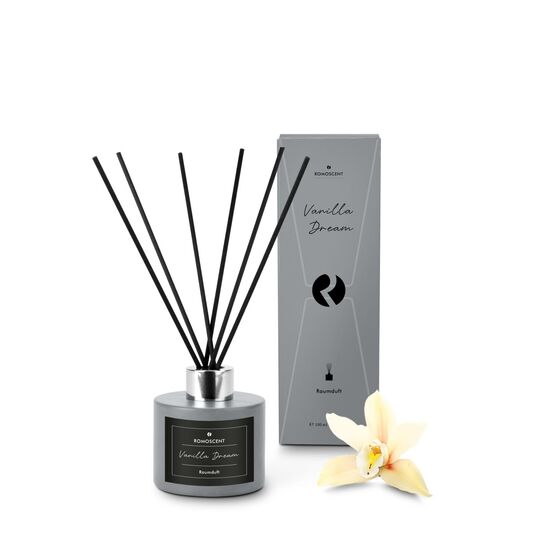 Moderner Raumduft (100 ml) in Betonoptik-Glas mit traumhaftem Vanilleduft und zwei Etiketten für ein helles oder dunkles Design