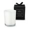 Puristische Aromakerze (160 g) in weißem Glas mit warmem Vanilleduft - verpackt im schwarzen Geschenkkarton mit schwarzer Schleife.