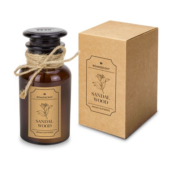 Originelle Apothekerflasche-Aromakerze mit Sandelholz-Duft, mit Glaskorken, Etikett und Jutedekoration. Brenndauer: ca. 40 Stunden