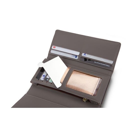 Praktischer Taschenspiegel aus unzerbrechlichem, edlem Edelstahl mit PU Hülle.