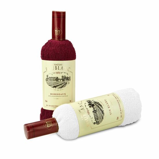 1 Gästehandtuch 72 x 33 cm in weiß als edle Weißweinflasche gerollt