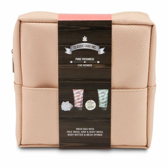 100 ml Gesichtsreinigungsgel, 100 ml 2in1 Duschgel & Shampoo, 110 ml Körperbutter, Mesh-Schwamm, in rosé-cremefarbener Kosmetiktasche