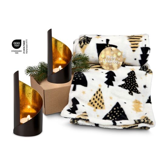 Set mit Kuscheldecke „Merry Christmas” (120x150cm, 190 g/m²) und 2 Kerzenhaltern