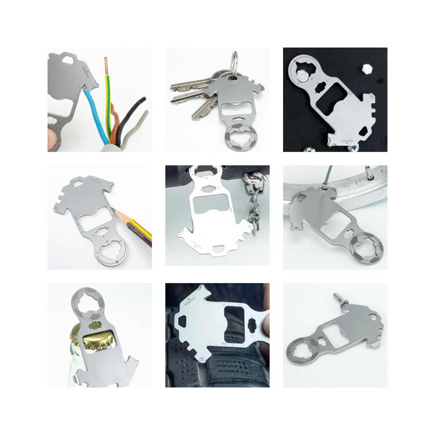 Multifunktionaler Schlüsselanhänger mit 18 Funktionen: Edelstahl Multitool inkl. Funktionsbeschreibung