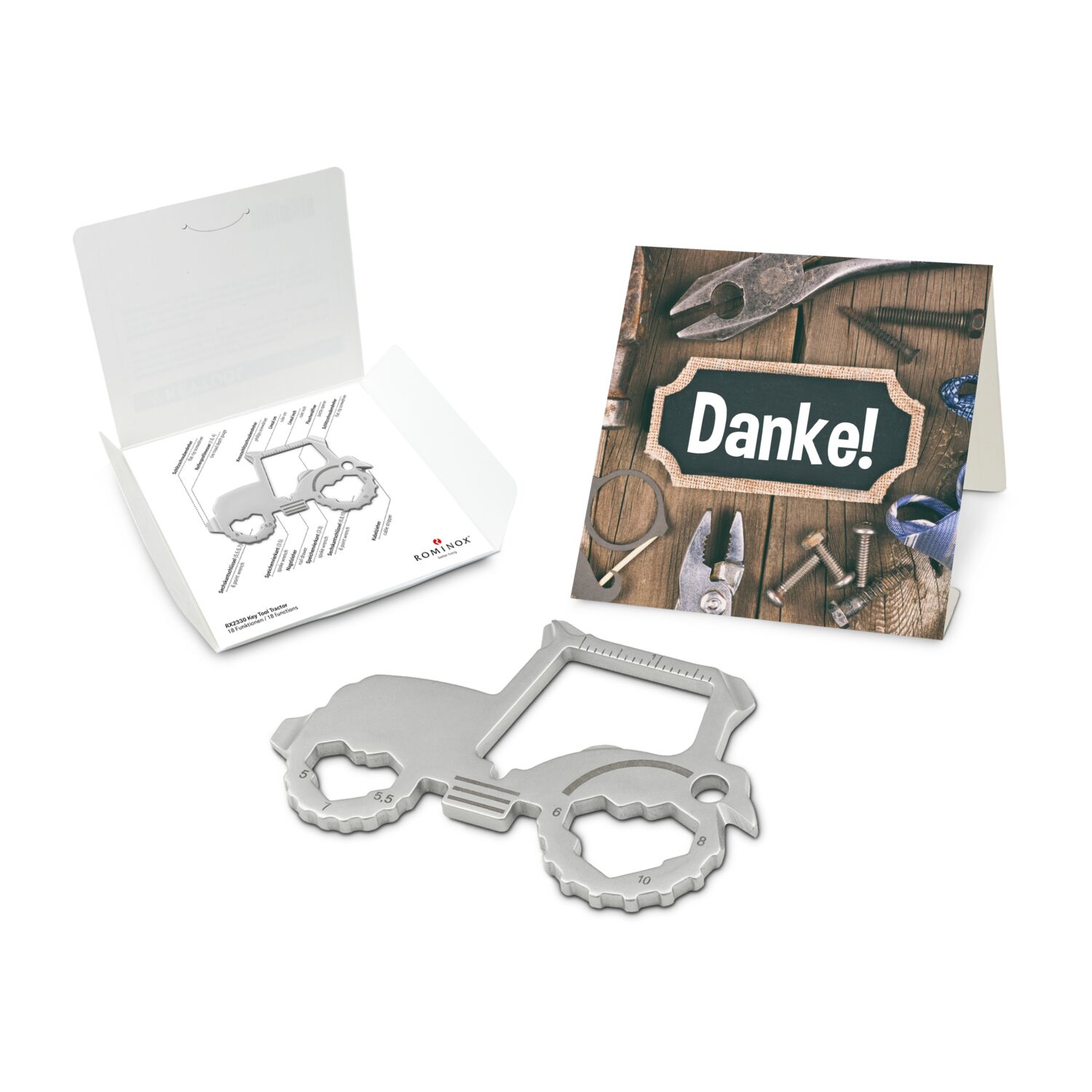 Das Key Tool kommt in einem „Danke”-Mäppchen inkl. Funktionsbeschreibung. „An die Werkzeuge, fertig, los“!