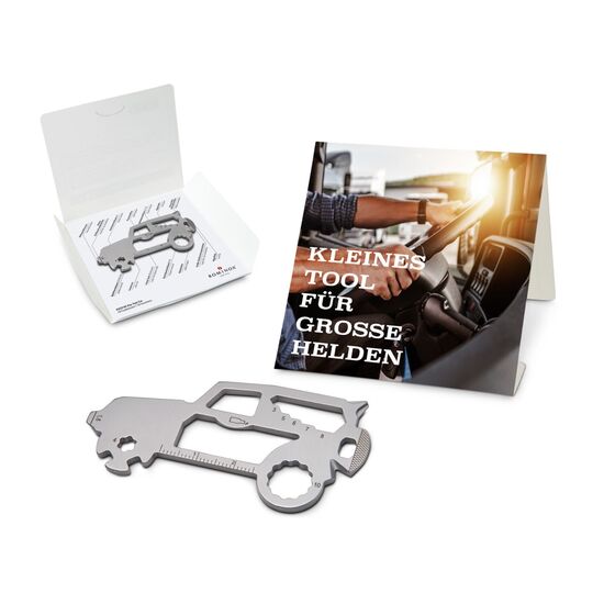 Key Tool in einem „Große Helden”-Mäppchen inkl. Funktionsbeschreibung. „An die Werkzeuge, fertig, los“!