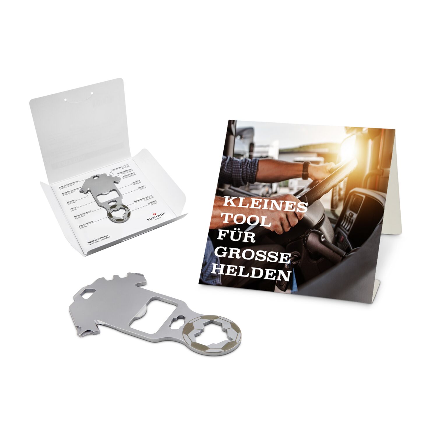 Key Tool in einem „Große Helden”-Mäppchen inkl. Funktionsbeschreibung. „An die Werkzeuge, fertig, los“!