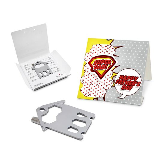 Key Tool in einem „Super Dad”-Mäppchen inkl. Funktionsbeschreibung. „An die Werkzeuge, fertig, los“!