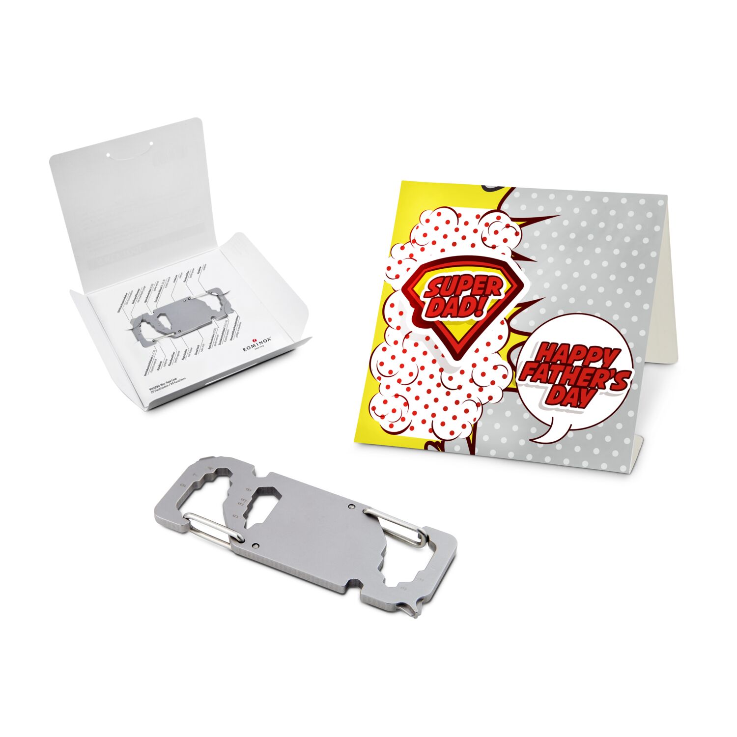 Key Tool in einem „Super Dad”-Mäppchen inkl. Funktionsbeschreibung. „An die Werkzeuge, fertig, los“!
