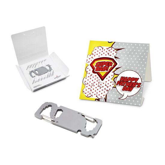 Key Tool in einem „Super Dad”-Mäppchen inkl. Funktionsbeschreibung. „An die Werkzeuge, fertig, los“!