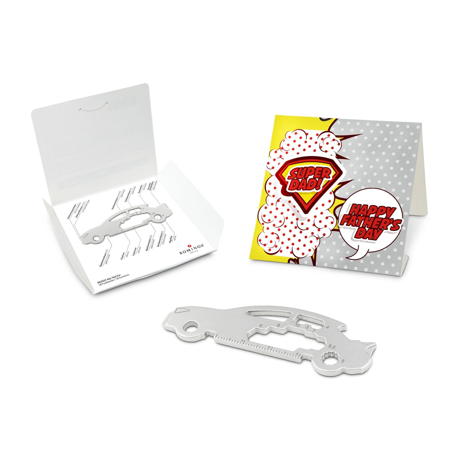 Key Tool in einem „Super Dad”-Mäppchen inkl. Funktionsbeschreibung. „An die Werkzeuge, fertig, los“!