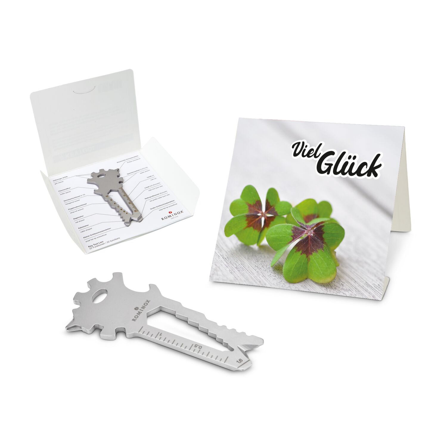 Key Tool in einem „Viel Glück”-Mäppchen inkl. Funktionsbeschreibung. „An die Werkzeuge, fertig, los“!