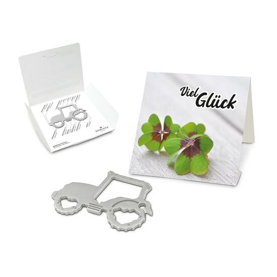 Key Tool in einem „Viel Glück”-Mäppchen inkl. Funktionsbeschreibung. „An die Werkzeuge, fertig, los“!