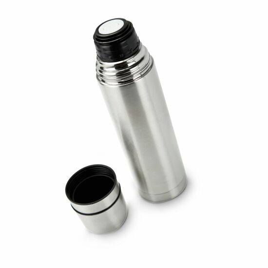 Elegante Isolierkanne in Silber, Drehverschluss mit Drucköffnung, integrierter Zweitbecher, 750 ml (Edelstahl, Kunststoff)