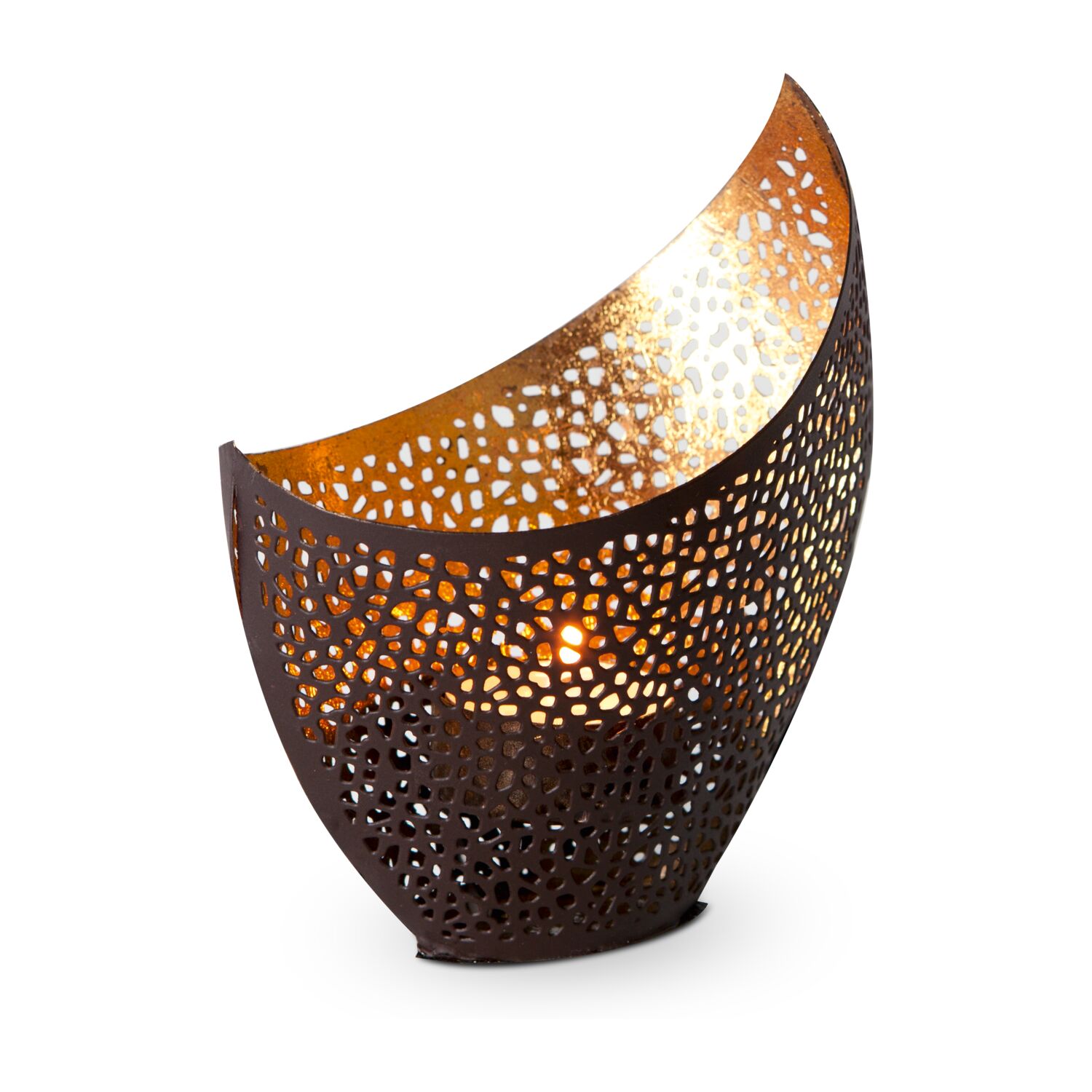 Kunstvoll gestalteter Teelichthalter, goldene Lichteffekte (Metall - seidenmatt braun lackiert mit Goldfolienauskleidung)