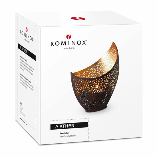 Kunstvoll gestalteter Teelichthalter, goldene Lichteffekte (Metall - seidenmatt braun lackiert mit Goldfolienauskleidung)