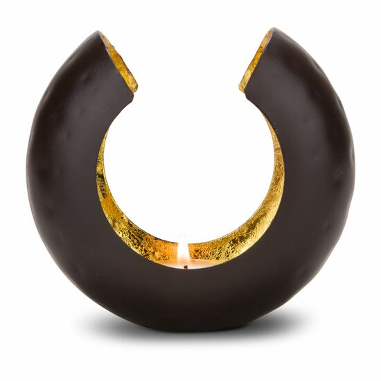 Wunderschön geformter Teelichthalter, strahlend goldener Kerzenschein (Metall - seidenmatt braun lackiert mit Goldfolienauskleidung)