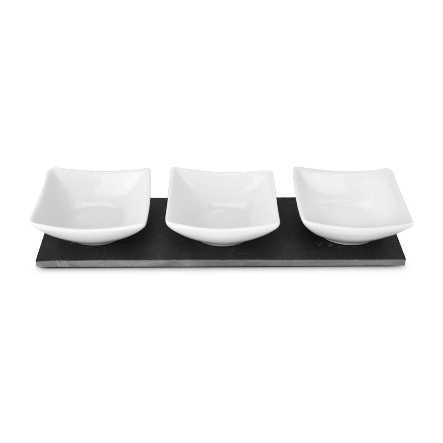 Klarheit und Eleganz, 3 Keramikschalen auf elegantem Schieferbrett (Schiefer, Keramik)