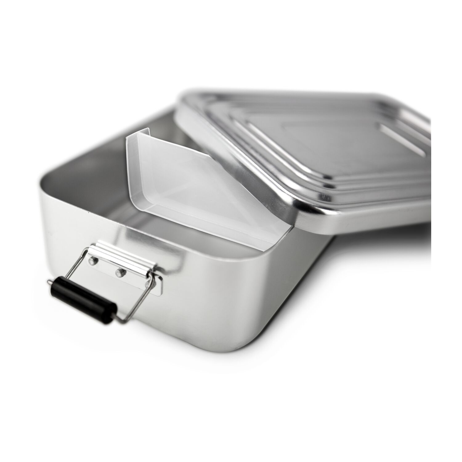 Klassisch, praktisch, leicht, stabil: hygienisch verschließbare, silberne Proviantbox mit Dichtungsring, entnehmbares Trennelement