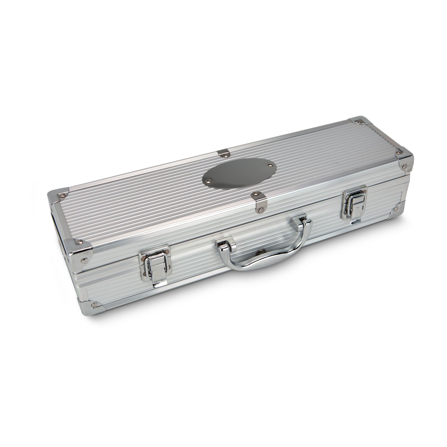 Profi-Grillausrüstung im robusten Aluminium-Geschenkkoffer, stabile Zange, praktischer Wender, edle Gabel