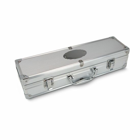Profi-Grillausrüstung im robusten Aluminium-Geschenkkoffer, stabile Zange, praktischer Wender, edle Gabel