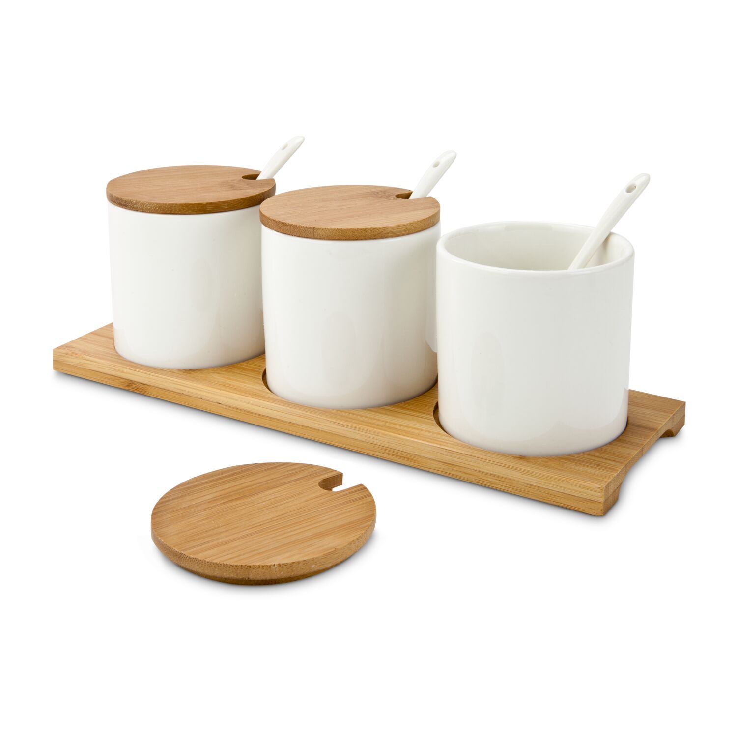 Zum ästhetischen Anrichten von Dips, Soßen oder Marmeladen, 3 Schalen mit Löffel, auf einem passenden Servierbrettchen