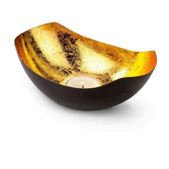 Dekorative Teelichtschale für gold-schimmerndes Kerzenlicht (Metall - seidenmatt braun lackiert mit Goldfolienauskleidung)