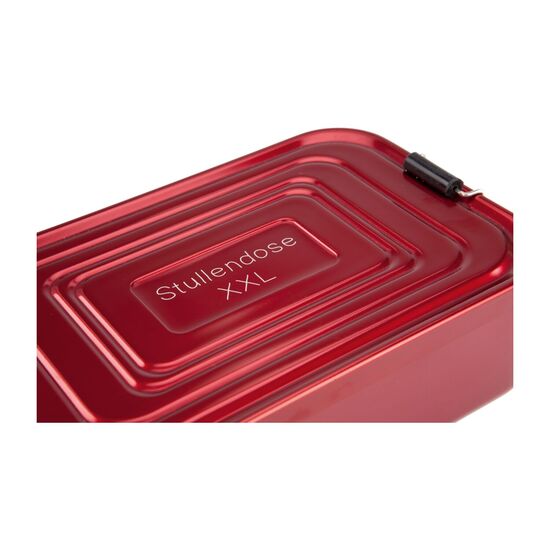 Lunchbox XL: Hygienisch verschließbare Proviantbox in Rot, Dichtungsring, glänzende Oberfläche, entnehmbares und verschiebbares Trennelement