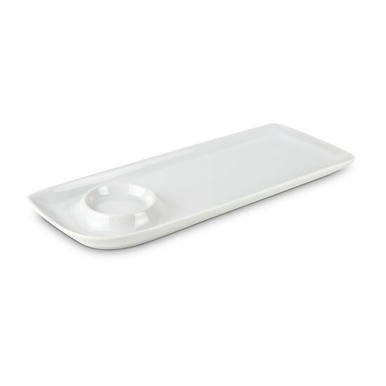 Funktional gestalteter Servierteller mit integrierter Schale aus Edelstahl - praktisch und unkonventionell (Porzellan, Edelstahl)