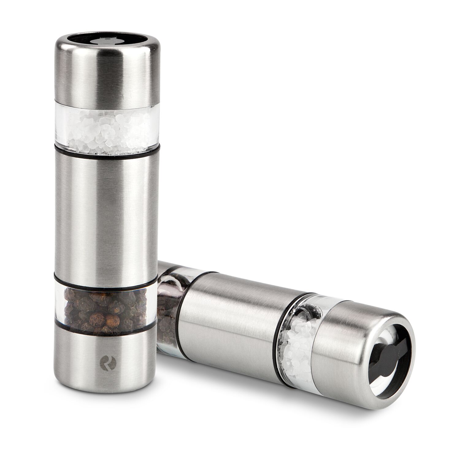 Klein, fein und immer griffbereit, manuelle Mühle mit zwei getrennten Keramikmahlwerken für Salz und Pfeffer (Edelstahl - seidenmatt gebürstet, Keramik, Kunststoff)