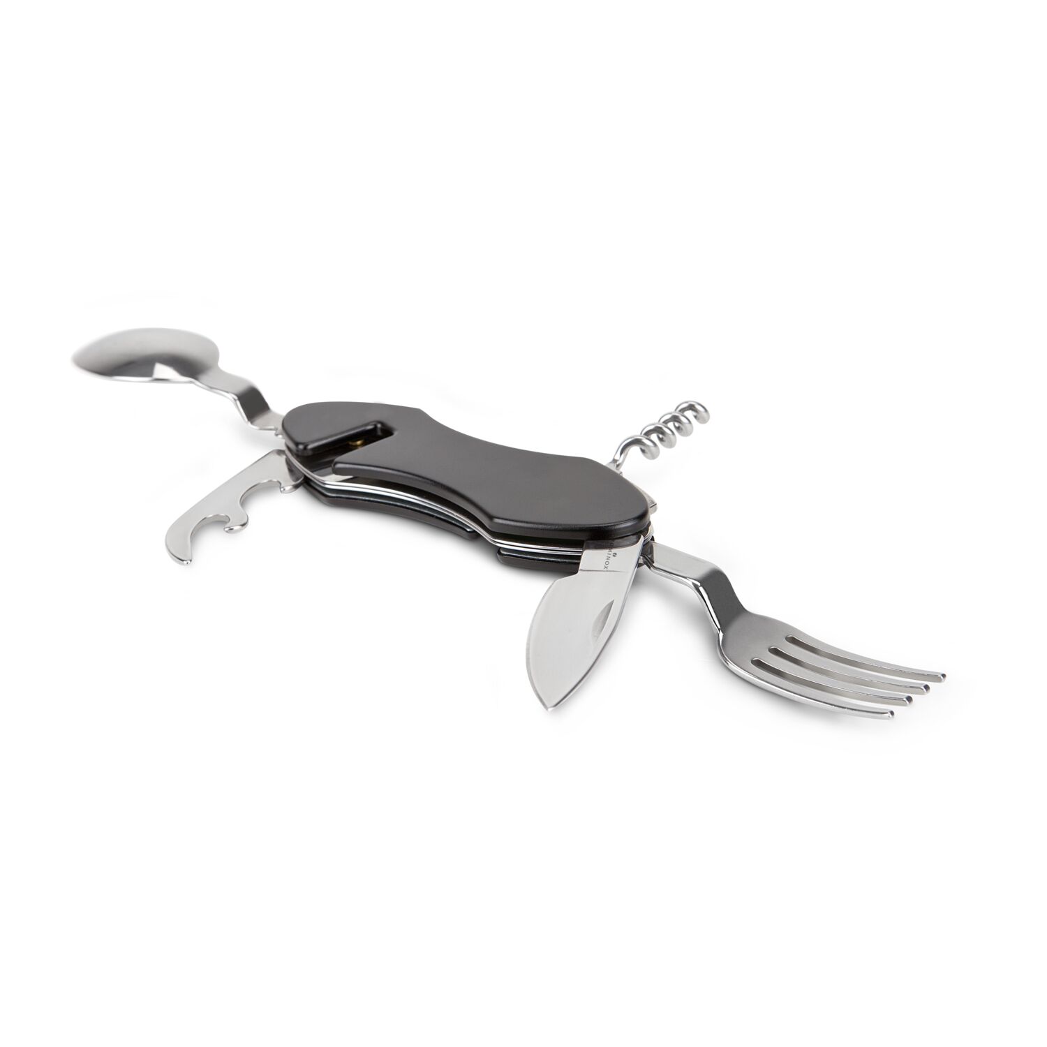 Praktisches Camping-Taschenmesser mit 6 Funktionen für unterwegs: Messer, Gabel, Löffel, Korkenzieher, Dosen- und Flaschenöffner