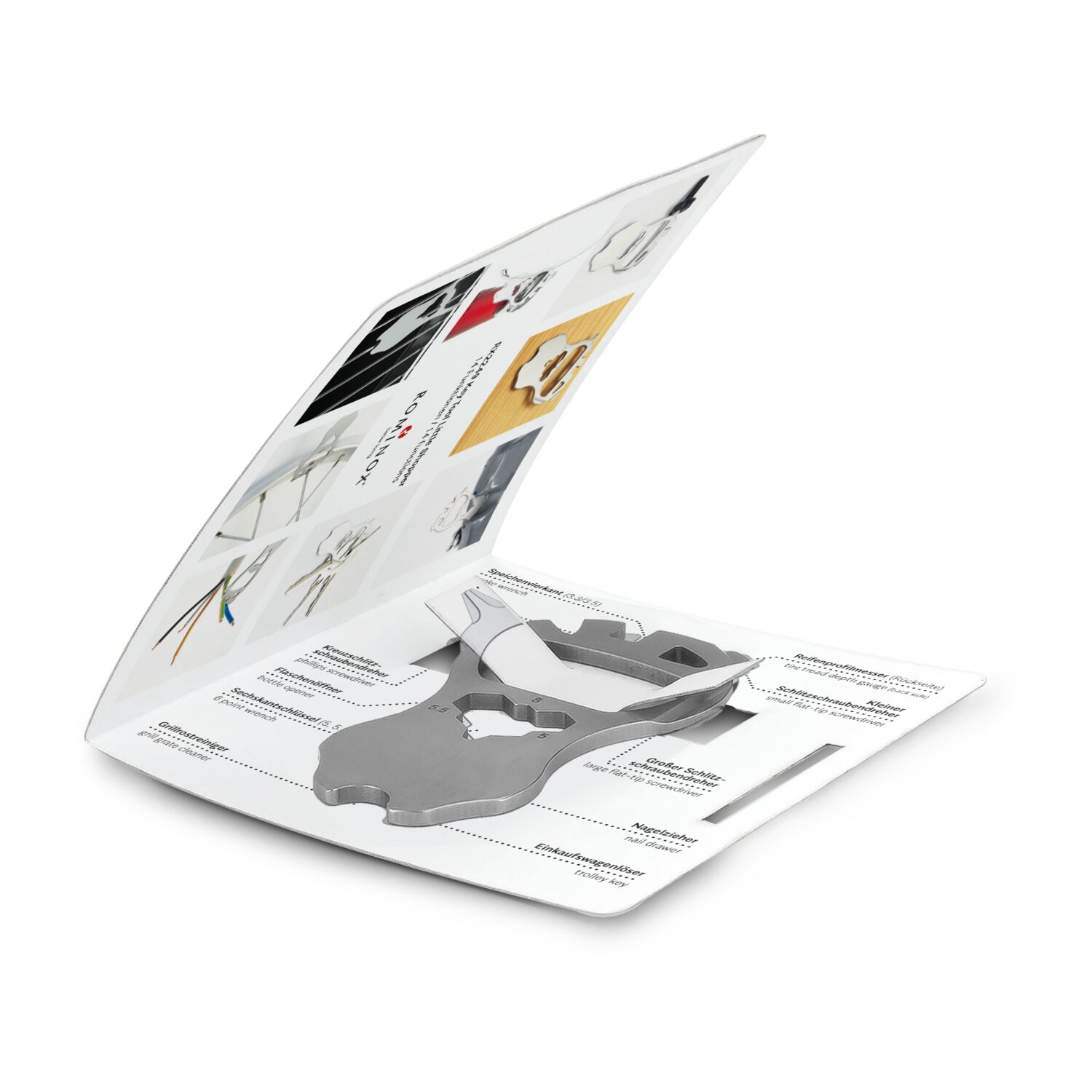 Multifunktionaler Schlüsselanhänger mit 14 Funktionen: Edelstahl Multitool inkl. Funktionsbeschreibung