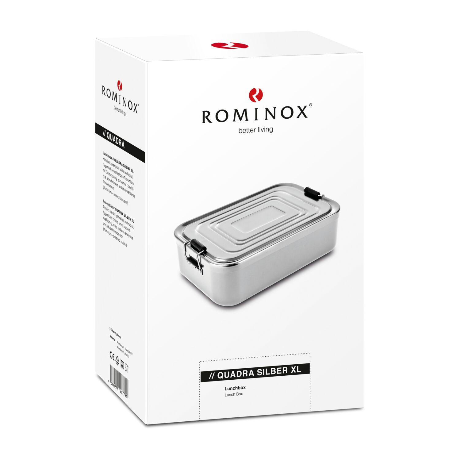 Lunchbox XL: Hygienisch verschließbare Proviantbox in Silber, Dichtungsring, glänzende Oberfläche, entnehmbares Trennelement