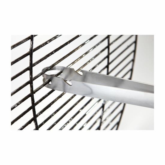 Innovative Profi-Grillzange mit fünf praktischen Funktionen: Grillzange, Grillgabel, Flaschenöffner, Grillrost-Reiniger und Grillrost-Heber