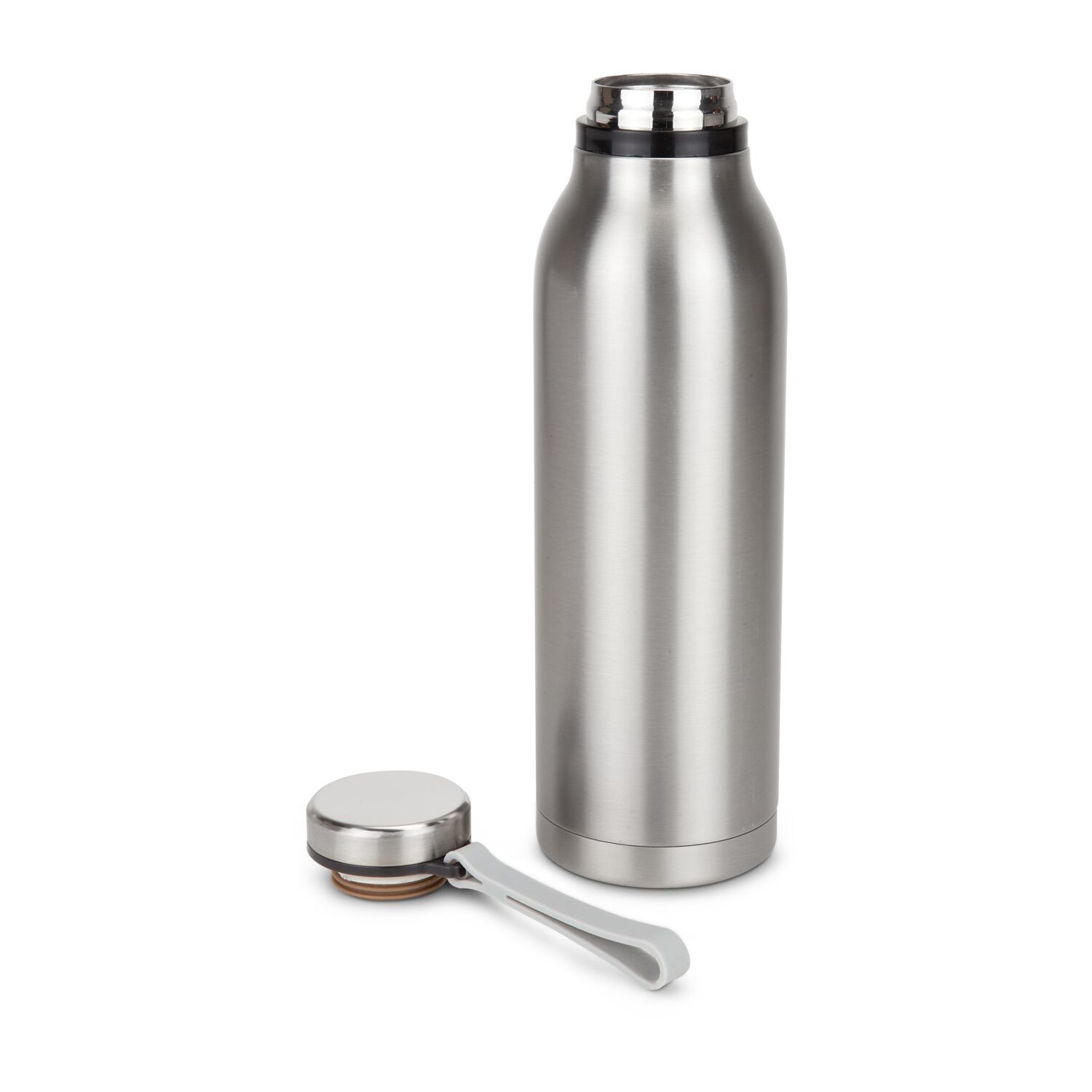 Handliche Thermoflasche in modernem Retrolook, auslaufsicher, mit Drehverschluss und Trageriemen, doppelwandig für beste Isolation, 600 ml