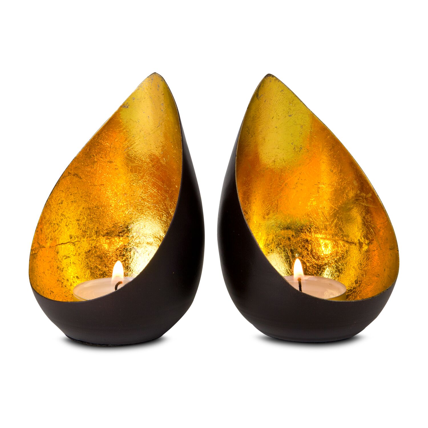 Zwei dekorative Teelichthalter als Set (Metall - seidenmatt braun lackiert, Goldfolienauskleidung, ohne Teelicht)