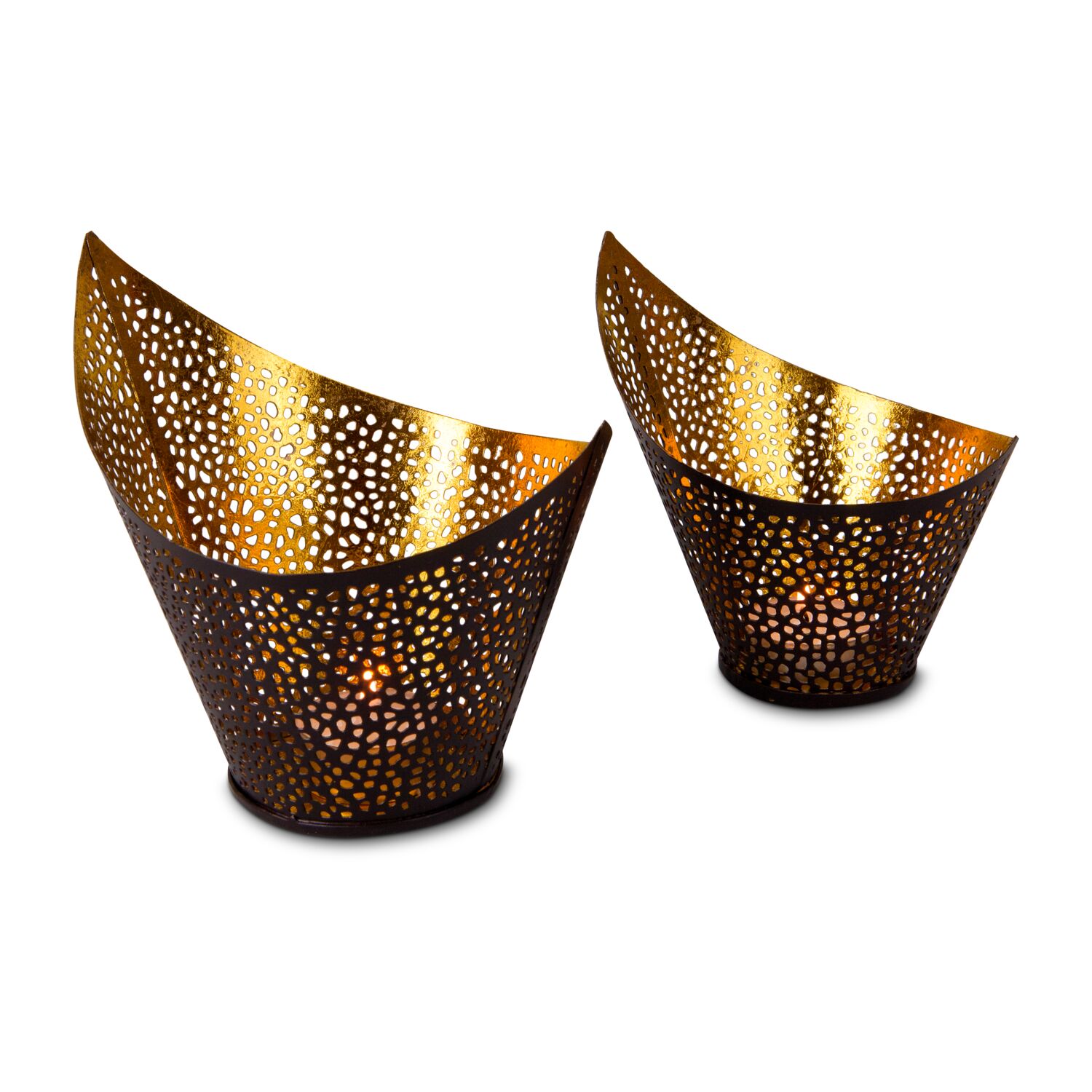 Zwei kunstvolle Teelichthalter in zwei Größen, als Set (Metall - seidenmatt braun lackiert mit Goldfolienauskleidung, ohne Teelicht)