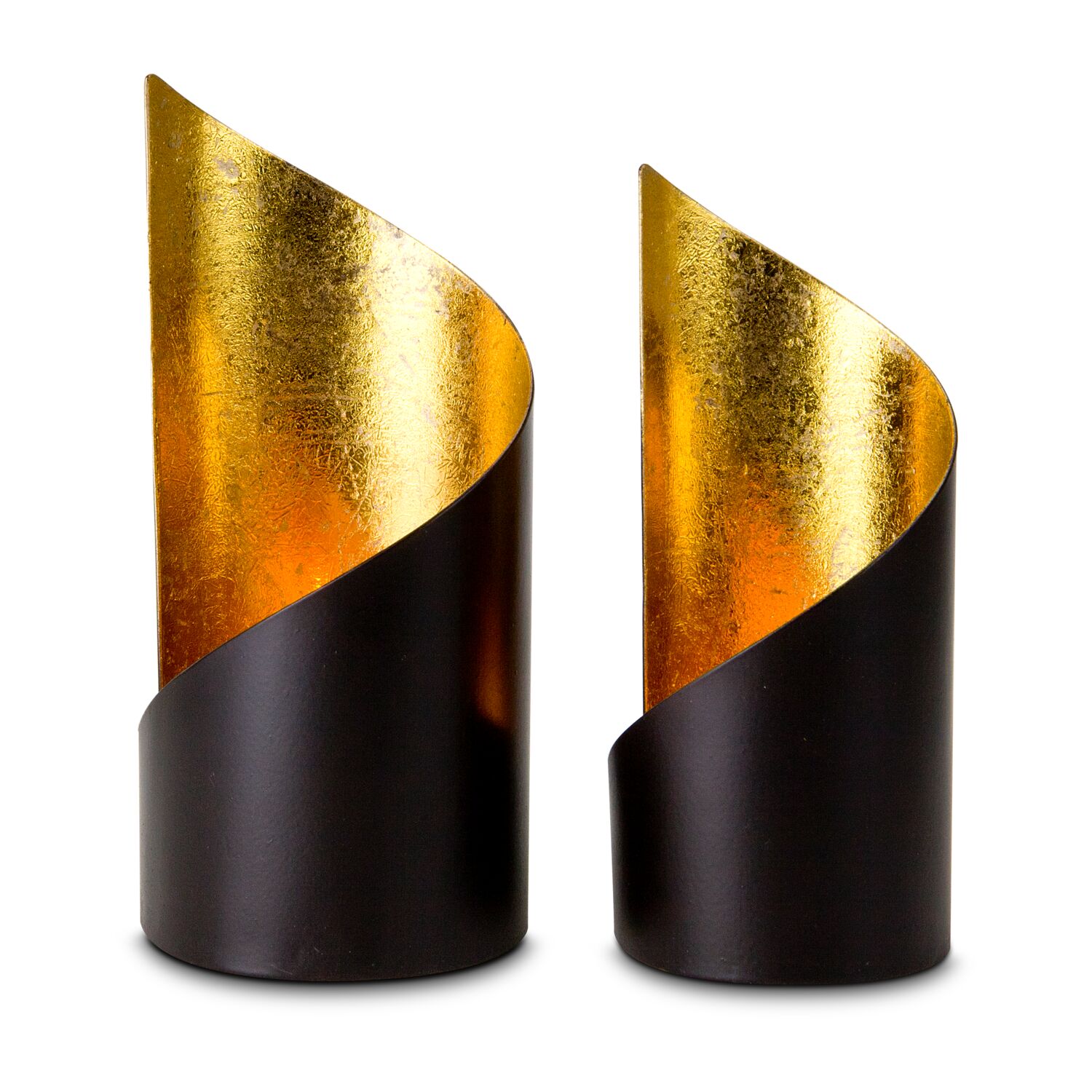 Zwei moderne Teelichthalter in zwei Größen, als Set (Metall - seidenmatt braun lackiert mit Goldfolienauskleidung, ohne Teelicht)