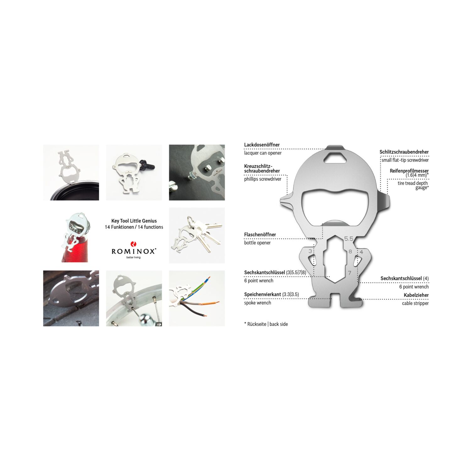 Multifunktionaler Schlüsselanhänger mit 14 Funktionen: Edelstahl Multitool inkl. Funktionsbeschreibung