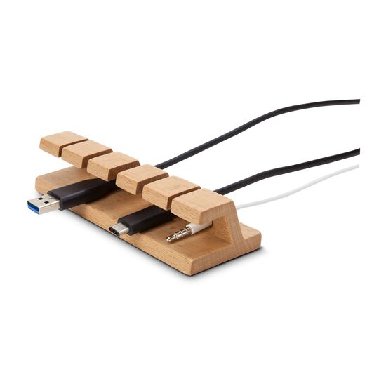 Praktischer Kabel-Organizer, 5 Halterungen in 3 Breiten inkl. Aussparung für die Anbringung des mitgelieferten Klebestreifens (Buchenholz)